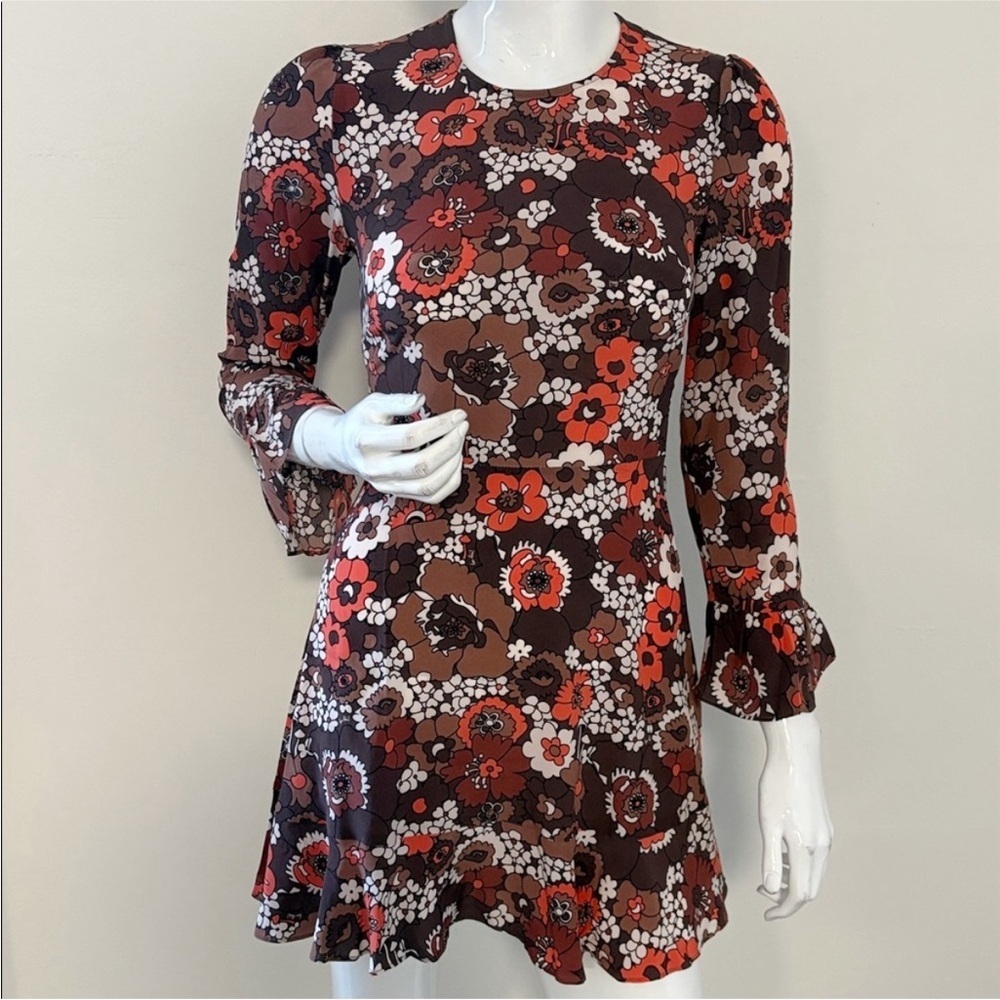 Realisation Par Mary Jane 70’s Vibes Floral Mini Dress Ruffle Cuff in Shrooms